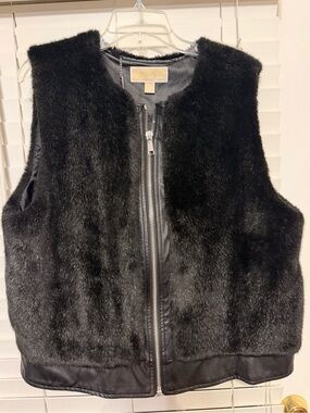 Michael Kors Black Faux Leather Vest with Fur Trim